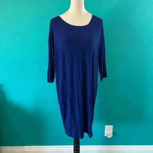 Eileen Fisher Blue Long Sleeve Midi Shift Dress Sustainable Organic Size XS